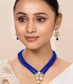 Blue faux kundan pendant beads necklace earrings set jewelry