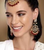 Women's faux kundan maroon pearl chandbali earrings with maang tikka jewelry