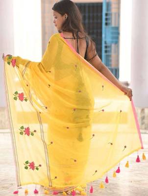 Yellow floral embroidered cotton khadi saree 5
