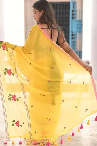 Yellow floral embroidered cotton khadi saree