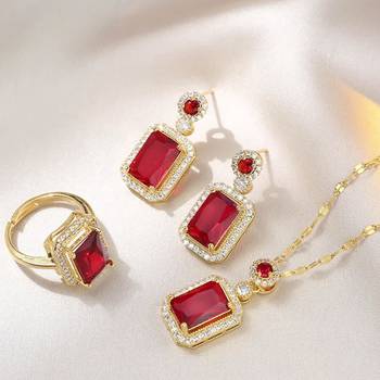 Gold plated red cubic zirconia studded pendant chain drop earrings 2
