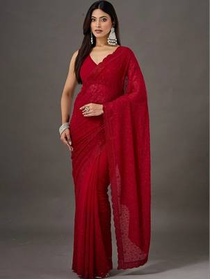 Red floral embroidered poly georgette designer saree 1