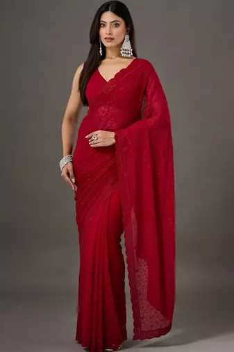Red floral embroidered poly georgette designer saree