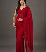 Red floral embroidered poly georgette designer saree