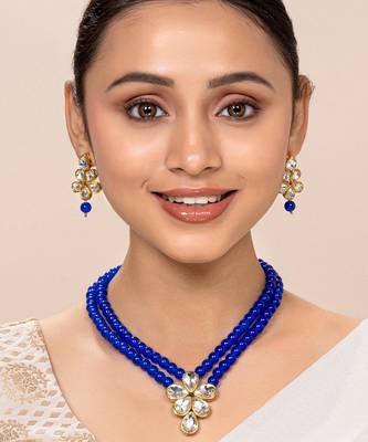 Blue faux kundan pendant beads necklace earrings set jewelry 2