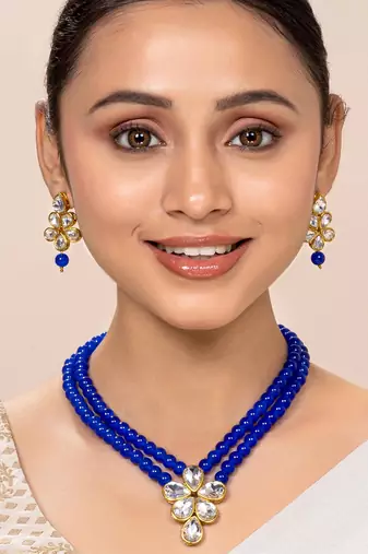 Blue faux kundan pendant beads necklace earrings set jewelry