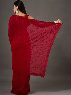 Red floral embroidered poly georgette designer saree 2