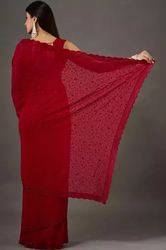 Red floral embroidered poly georgette designer saree