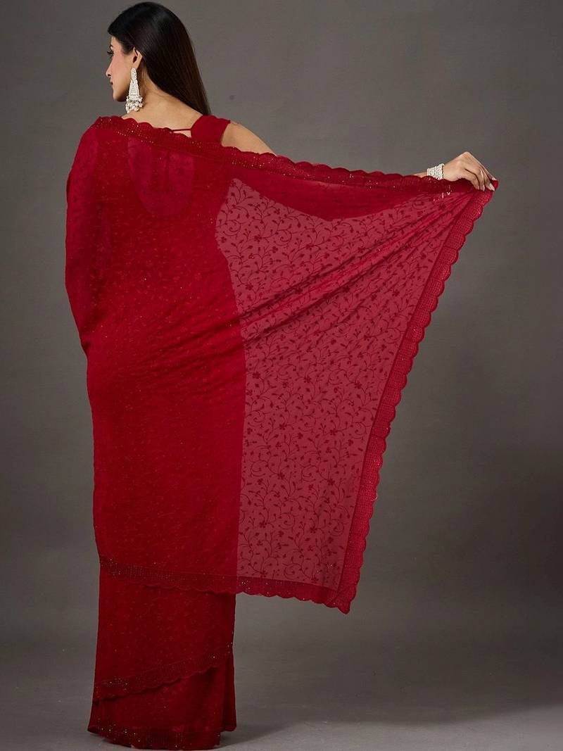 Red floral embroidered poly georgette designer saree
