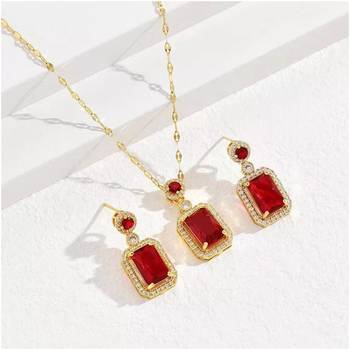 Gold plated red cubic zirconia studded pendant chain drop earrings 3