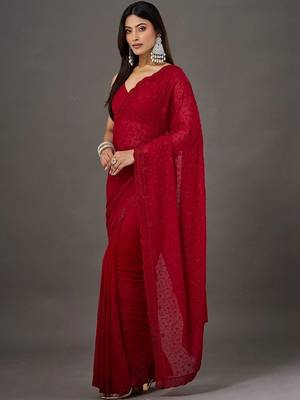 Red floral embroidered poly georgette designer saree 3
