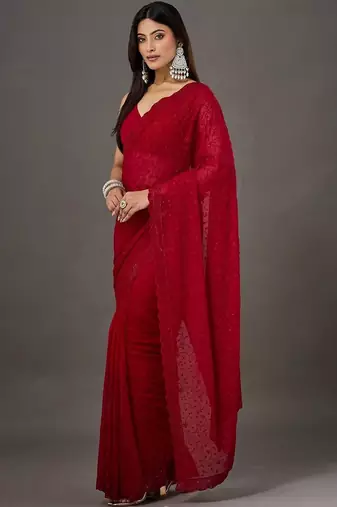 Red floral embroidered poly georgette designer saree