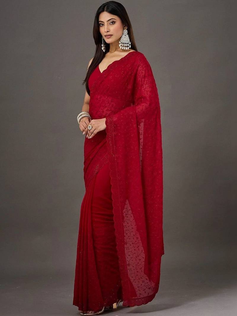 Red floral embroidered poly georgette designer saree
