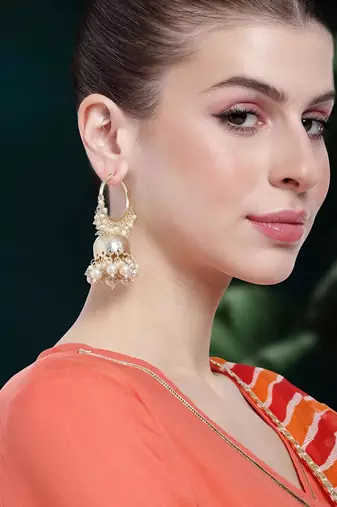 Gold plated white beads studded jhumki earringss ethnic jewelry