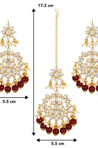 Women's faux kundan maroon pearl chandbali earrings with maang tikka jewelry