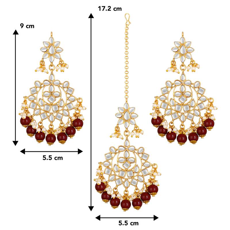 Women's faux kundan maroon pearl chandbali earrings with maang tikka jewelry