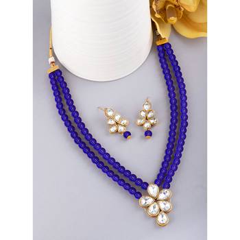 Blue faux kundan pendant beads necklace earrings set jewelry 3
