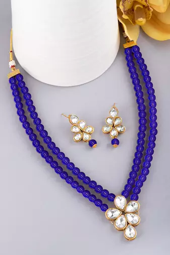 Blue faux kundan pendant beads necklace earrings set jewelry