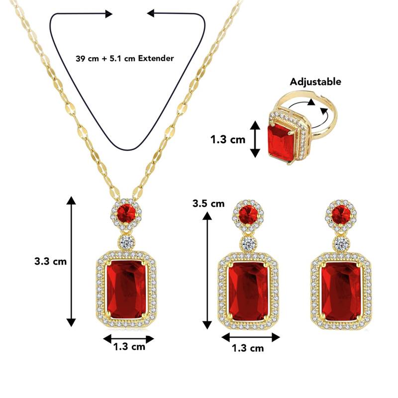 Gold plated red cubic zirconia studded pendant chain drop earrings
