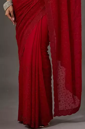 Red floral embroidered poly georgette designer saree