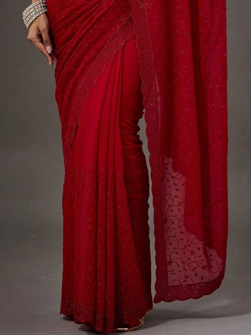 Red floral embroidered poly georgette designer saree
