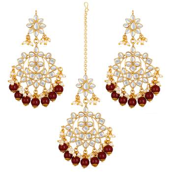 Women's faux kundan maroon pearl chandbali earrings with maang tikka jewelry 5