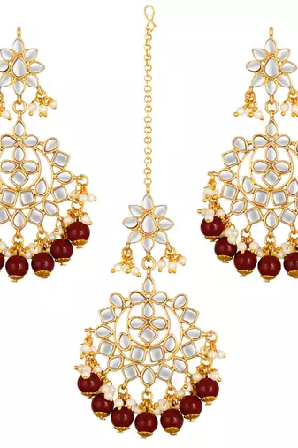 Women's faux kundan maroon pearl chandbali earrings with maang tikka jewelry