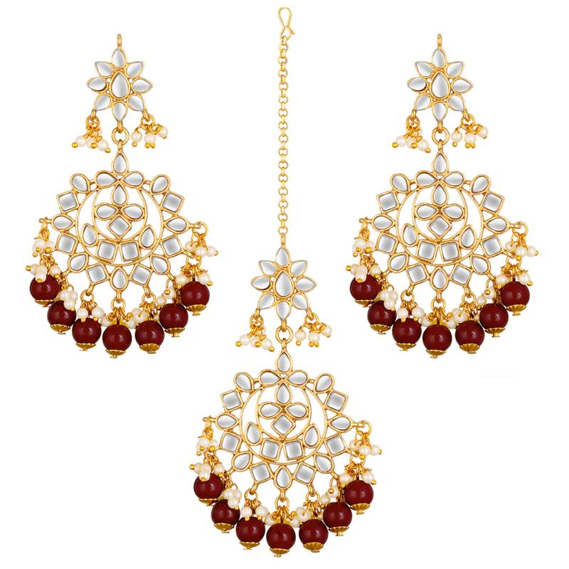 Women's faux kundan maroon pearl chandbali earrings with maang tikka jewelry