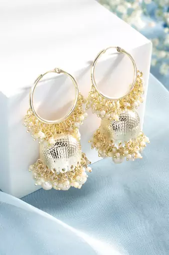 Gold plated white beads studded jhumki earringss ethnic jewelry