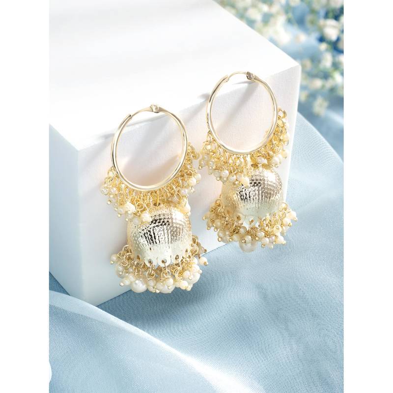 Gold plated white beads studded jhumki earringss ethnic jewelry