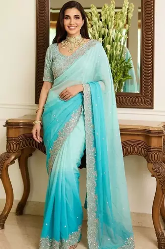 Blue embroidered sarees with unstitched blouse piece