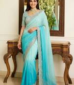 Blue embroidered sarees with unstitched blouse piece