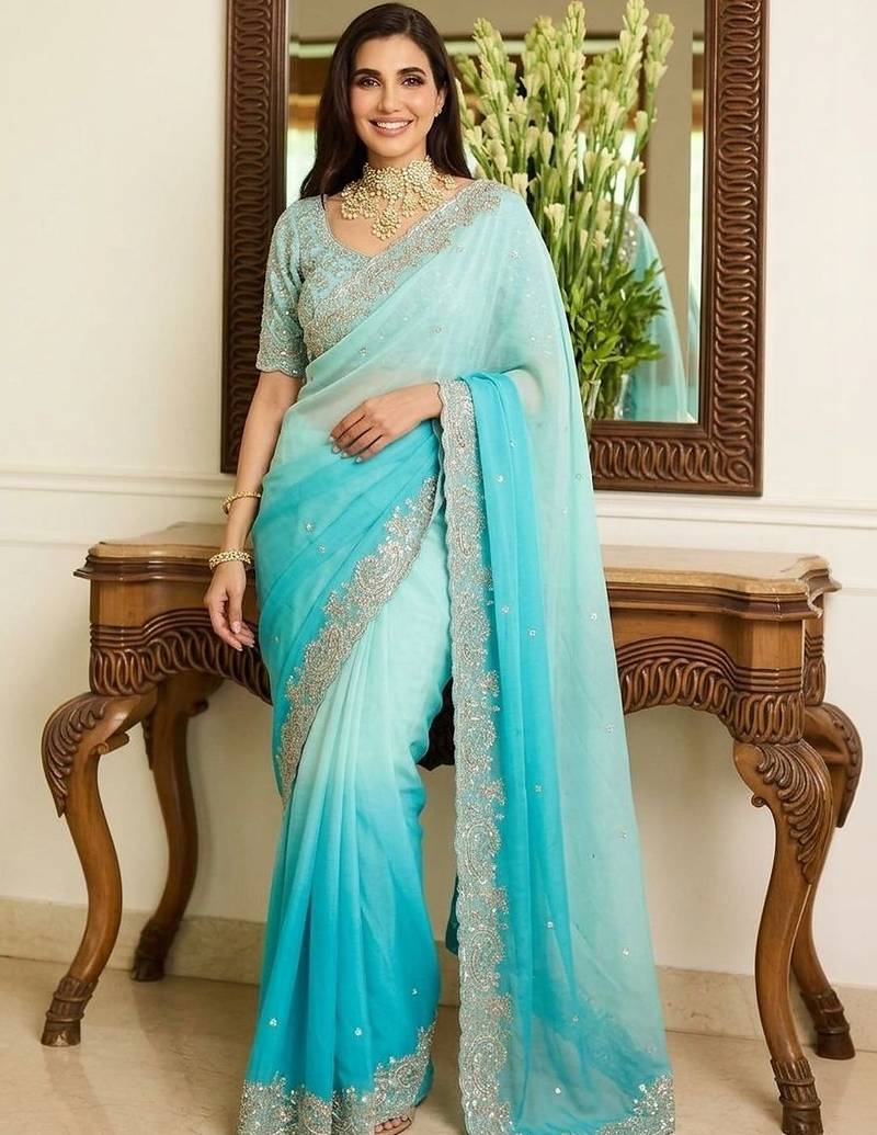 Blue embroidered sarees with unstitched blouse piece