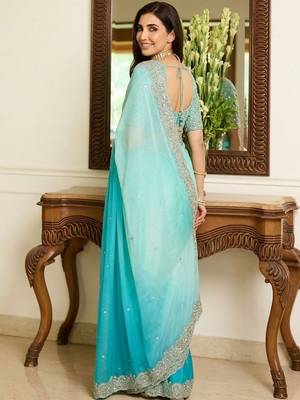 Blue embroidered sarees with unstitched blouse piece 2
