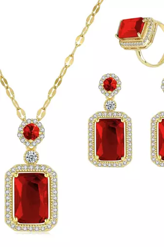 Gold plated red cubic zirconia studded pendant chain drop earrings