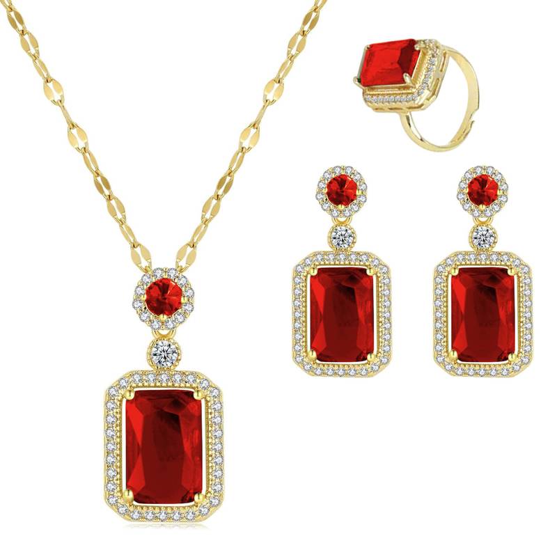 Gold plated red cubic zirconia studded pendant chain drop earrings