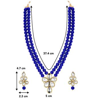 Blue faux kundan pendant beads necklace earrings set jewelry 4
