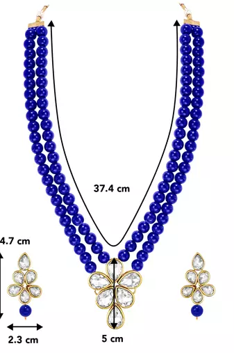 Blue faux kundan pendant beads necklace earrings set jewelry