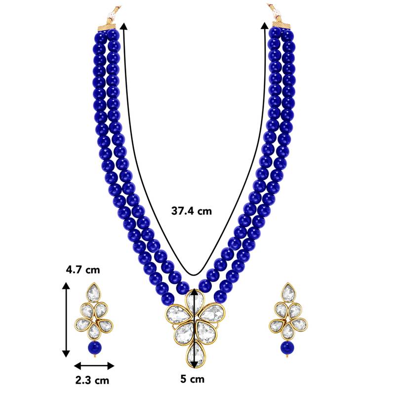 Blue faux kundan pendant beads necklace earrings set jewelry