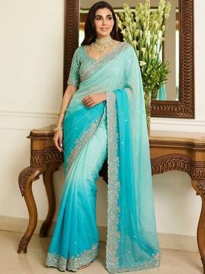 Blue embroidered sarees with unstitched blouse piece 3