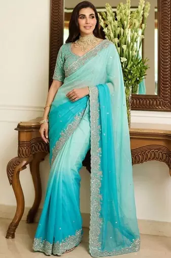 Blue embroidered sarees with unstitched blouse piece