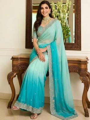 Blue embroidered sarees with unstitched blouse piece 4