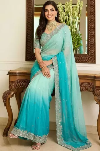 Blue embroidered sarees with unstitched blouse piece