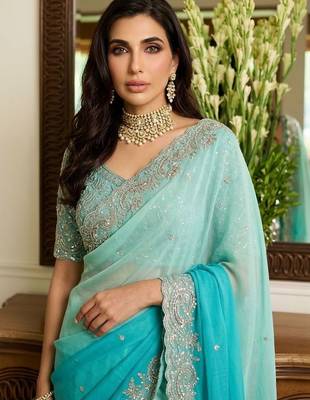 Blue embroidered sarees with unstitched blouse piece 5