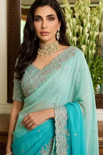 Blue embroidered sarees with unstitched blouse piece