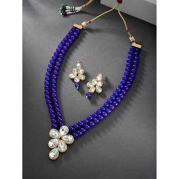 Blue faux kundan pendant beads necklace earrings set jewelry 5