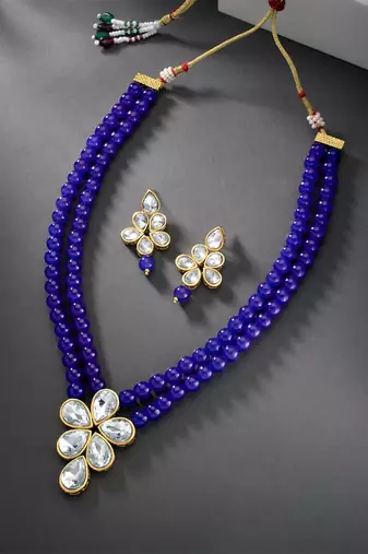 Blue faux kundan pendant beads necklace earrings set jewelry
