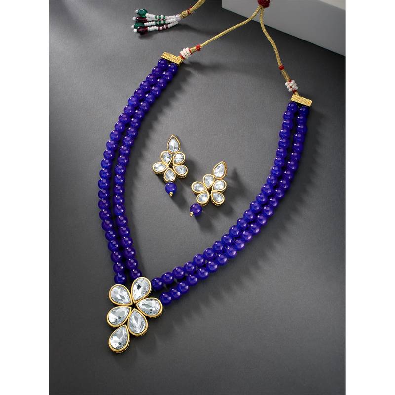 Blue faux kundan pendant beads necklace earrings set jewelry