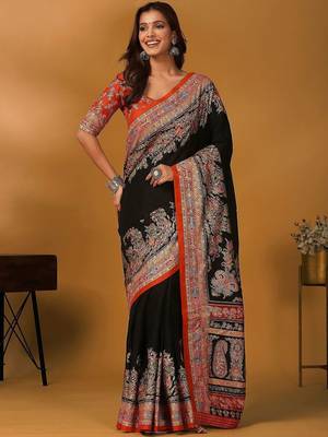 Black ethnic motifs printed saree with matching blouse 1