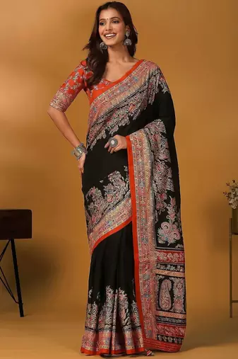 Black ethnic motifs printed saree with matching blouse
